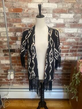 Rumors Boho Fringe Geometric Kimono Cardigan Black & Crea